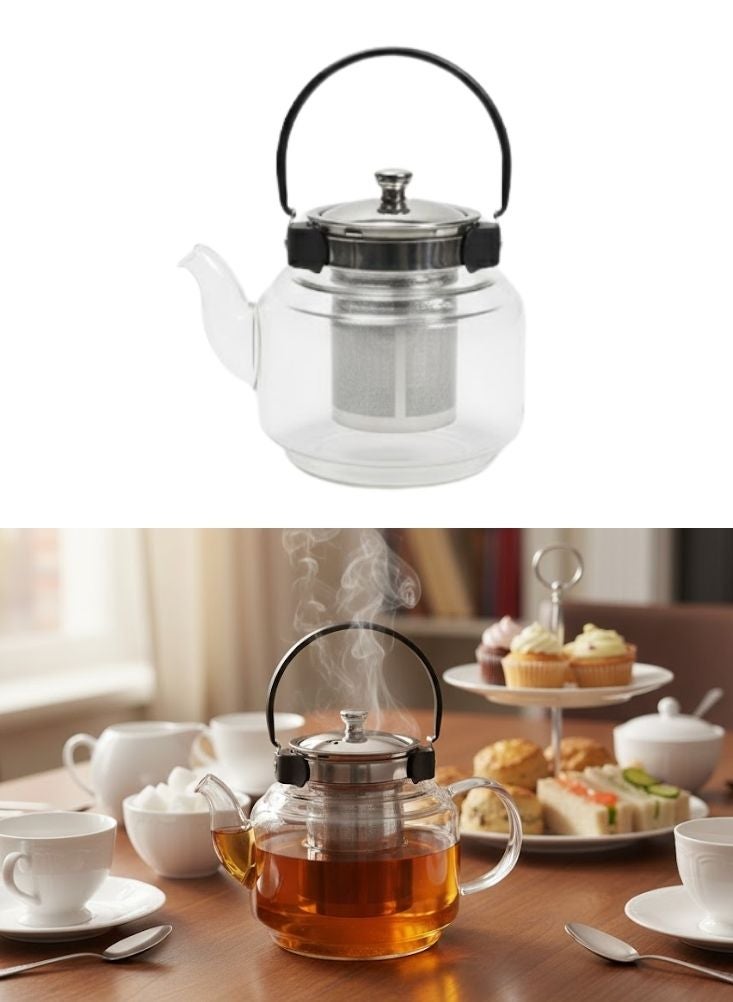 بريميم إبريق شاي زجاجي مع مصفاة ومقبض من الفولاذ المقاوم للصدأ مقاوم للحرارة - Image 1